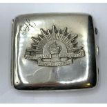 WW1 1915 Hallmarked Silver Cigarette Case with Silver Australian Rising Sun Badge.