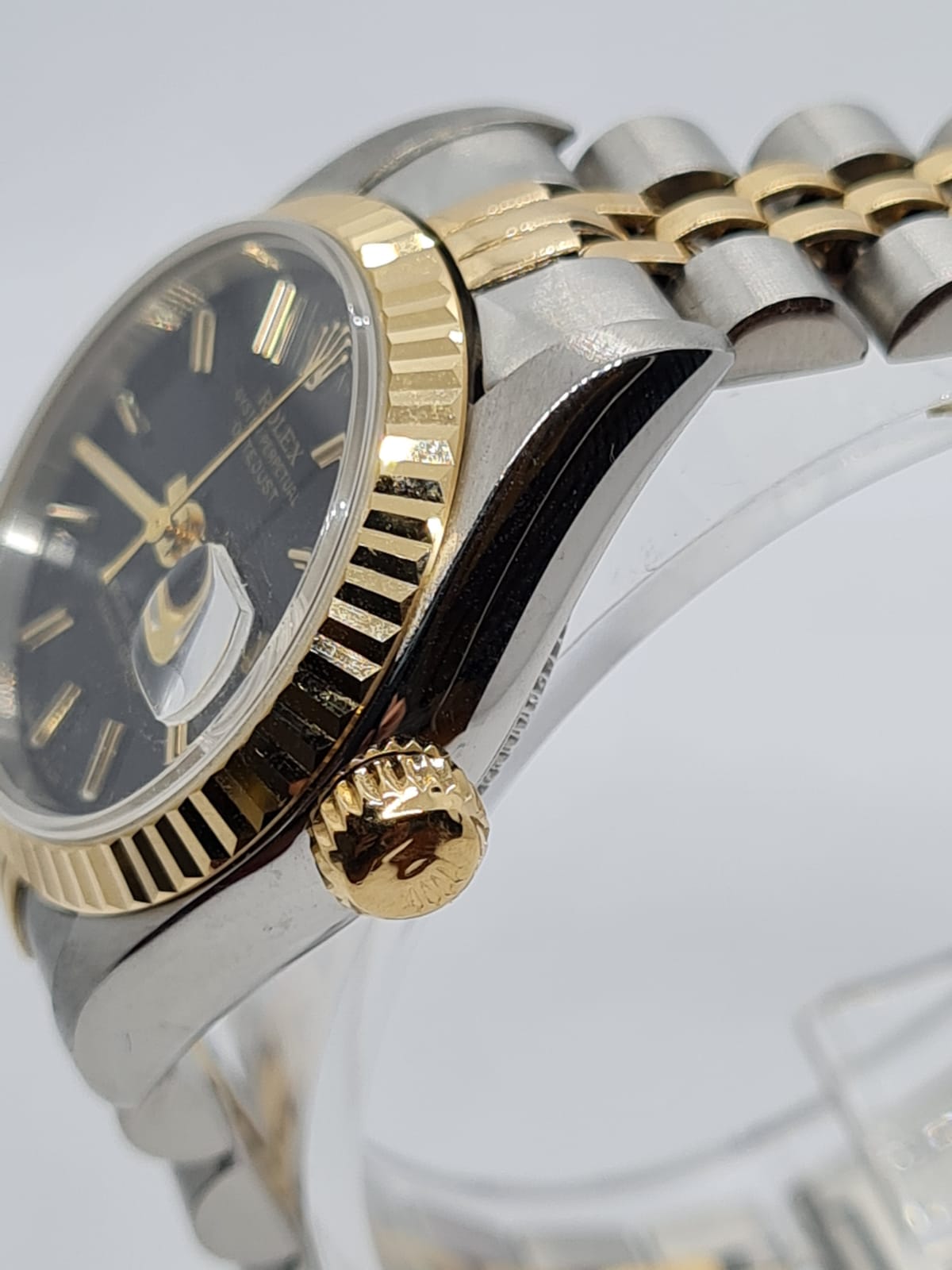 ROLEX Oyster Perpetual Datejust ladies watch with black face and two tone steel strap, 22mm case - Image 7 of 19