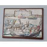 Silver plaque on wooden base depicting a harbour scene by Luigi Pesairsi, 12x9cm