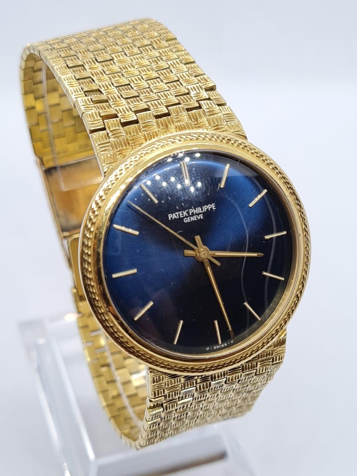 PATEK PHILIPPE GENEVE gent watch with blue face and 18k gold strap,36mm case 1970s model - Image 2 of 17