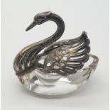 Silver and glass salt in the form of a swan with large pierced filigree wings, continental silver