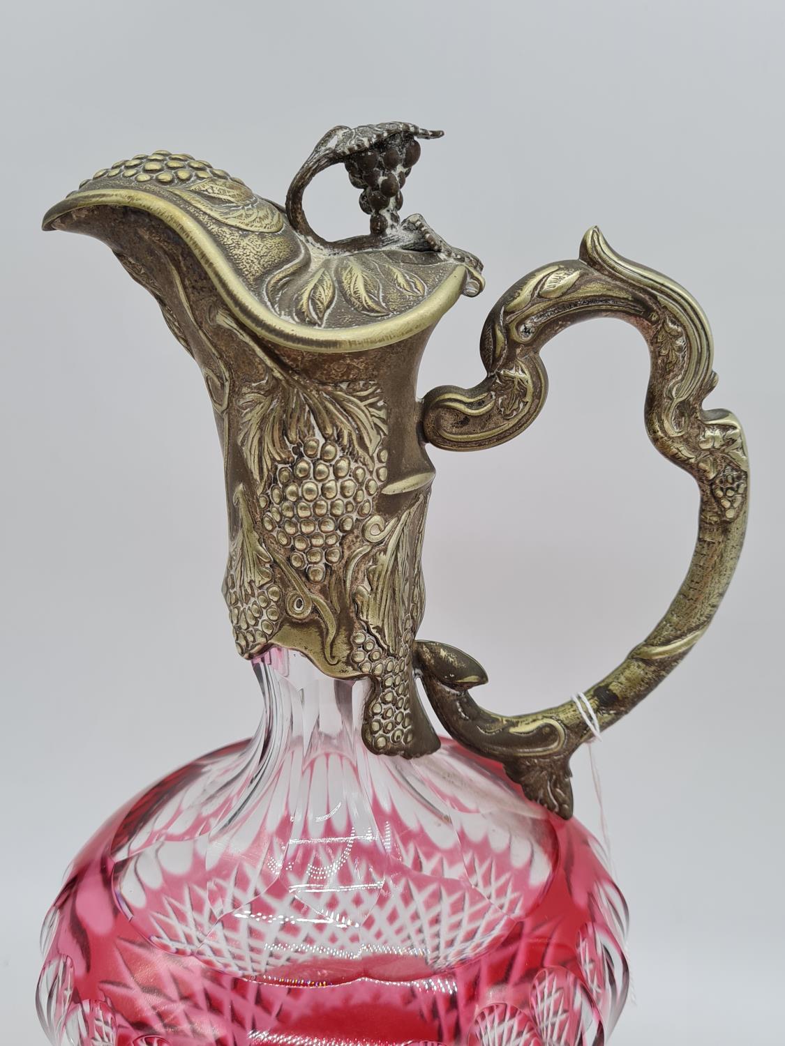 Mappin & Webb Cranberry glass wine jug with ornate fruit decoration, 1.3kg total weight and 32cm - Image 3 of 15