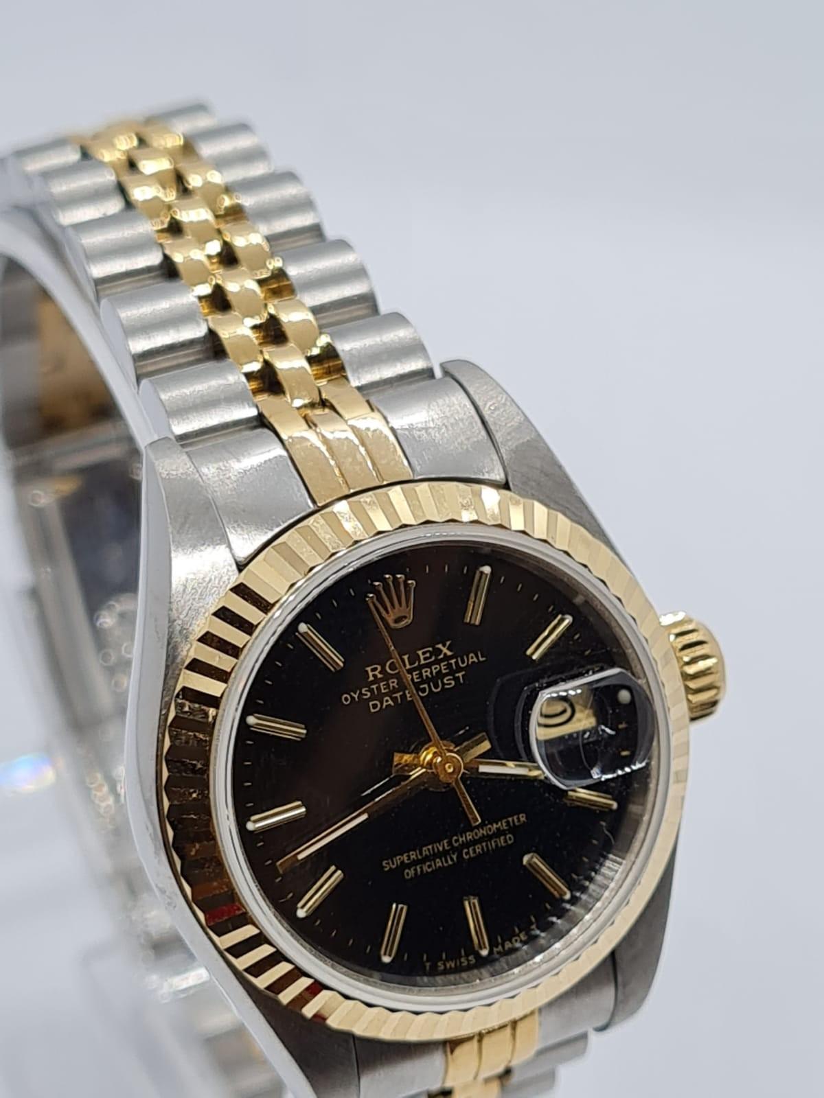 ROLEX Oyster Perpetual Datejust ladies watch with black face and two tone steel strap, 22mm case - Image 4 of 19