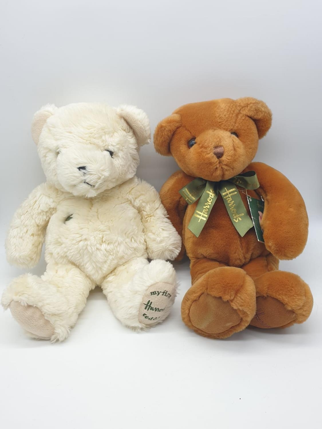 Two Harrods teddy bears, one being "My first Harrods teddy" and a traditional Harrods teddy. Approx.