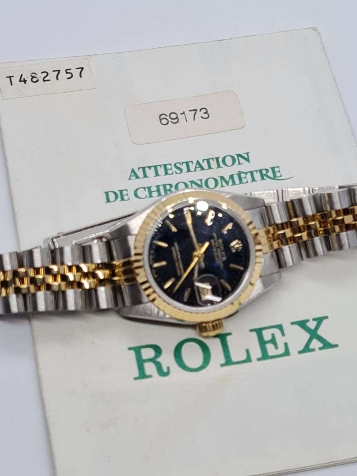 ROLEX Oyster Perpetual Datejust ladies watch with black face and two tone steel strap, 22mm case - Image 18 of 19