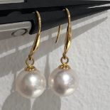 Akoya pearl drop earrings in 18k gold; each pearl around 7.9mm