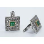 18k white gold emerald and diamond earrings squared shape, weight 7.24g and 12mm x 12mm size
