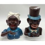 A JOLLY BOY and AUNTIE JEMMA pair of cast iron money boxes with moving arms and eyes in excellent