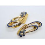 2x matching 18ct gold brooches with top quality diamonds and sapphires, weight 23.4g and 5cm long