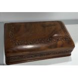 Indian teak wooden box with hidden lock; around 13x21x6cm