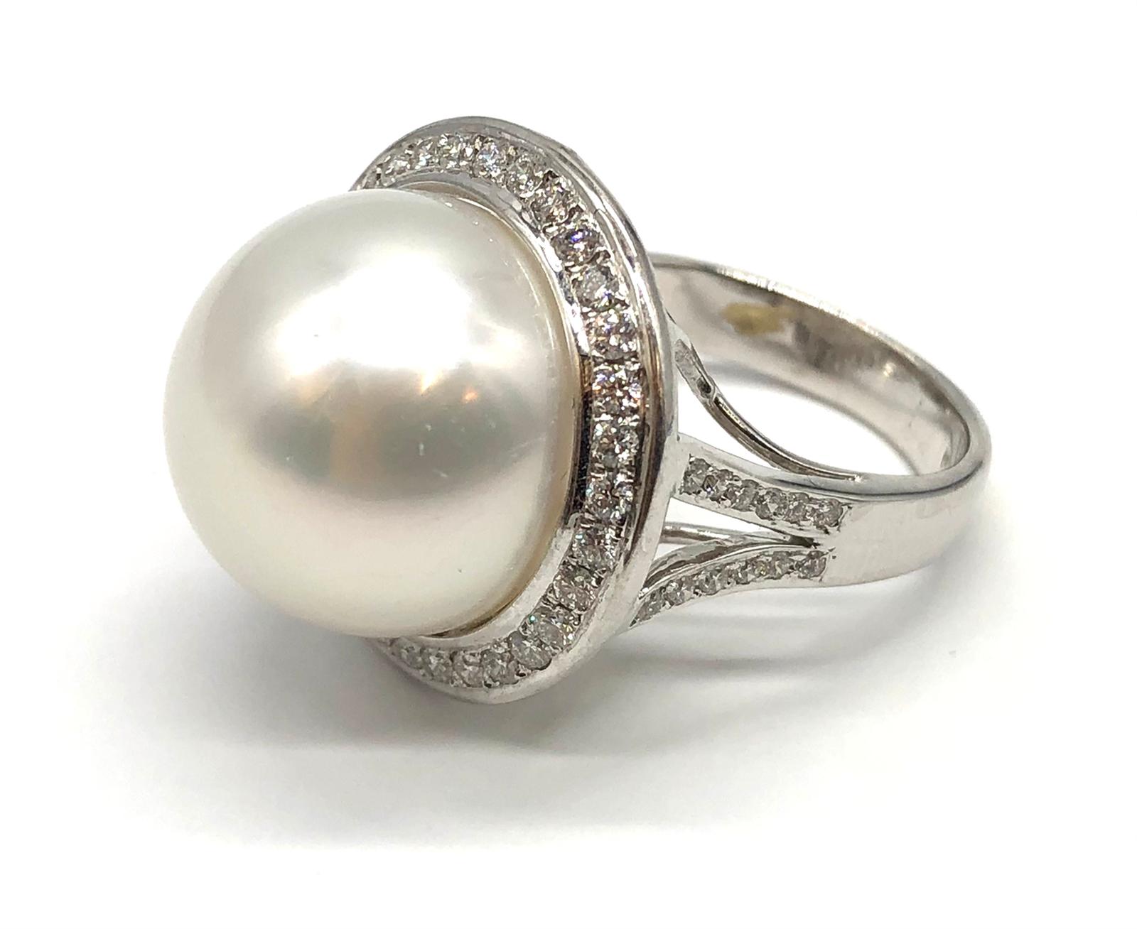 A large Kimoto pearl (17mm diameter) ring set in diamond and 18ct white gold ring, weight 14.43g and