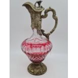 Mappin & Webb Cranberry glass wine jug with ornate fruit decoration, 1.3kg total weight and 32cm