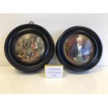 Two Framed Pot Lids, The Duke of Wellington and Man in Stocks, 160mm DIA.