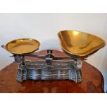 Set of traditional scales with brass bowls. W30 H18