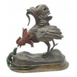 Austrian large cold painted bronze of cockerel meeting lizard by Franz Bergman , 2.9kg weight and