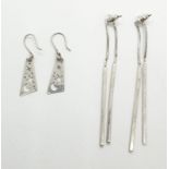 Two pairs of silver drop earrings, 7.5cm and 2cm long approx, total weight 8.9g (2)