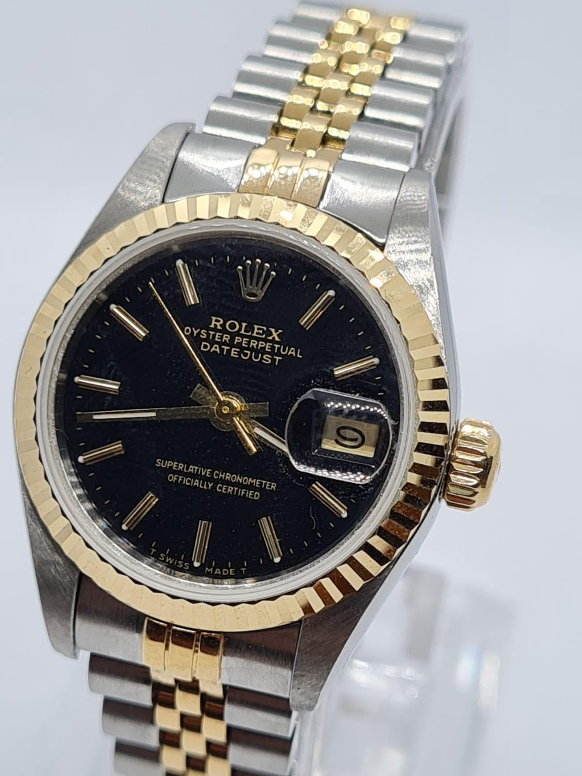 ROLEX Oyster Perpetual Datejust ladies watch with black face and two tone steel strap, 22mm case - Image 2 of 19