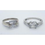 2x silver rings with squared cut stone solitaire, weight 6.22g and size L and Q