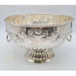Silver on Copper Punch Bowl with Lion Head Handle. Floral design. 26cm Diameter, 17cm Height. 1.45kg