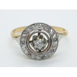 An antique Art Deco diamond halo ring set in yellow metal shank (1 stone missing), weight 2g and