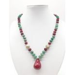 Stone set (ruby and emerald?) necklace, weight 44.62g and 46cm long approx