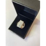 Silver wide band ring having large rectangular clouded moonstone to top, full UK Birmingham