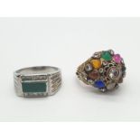 14k gold ring with multi colour stones (weight 7.5g size Q) plus one silver ring (6.3g and size