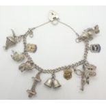 Silver charm bracelet with 11 charms, some are opening up charms and heart padlock, weight 53.28g