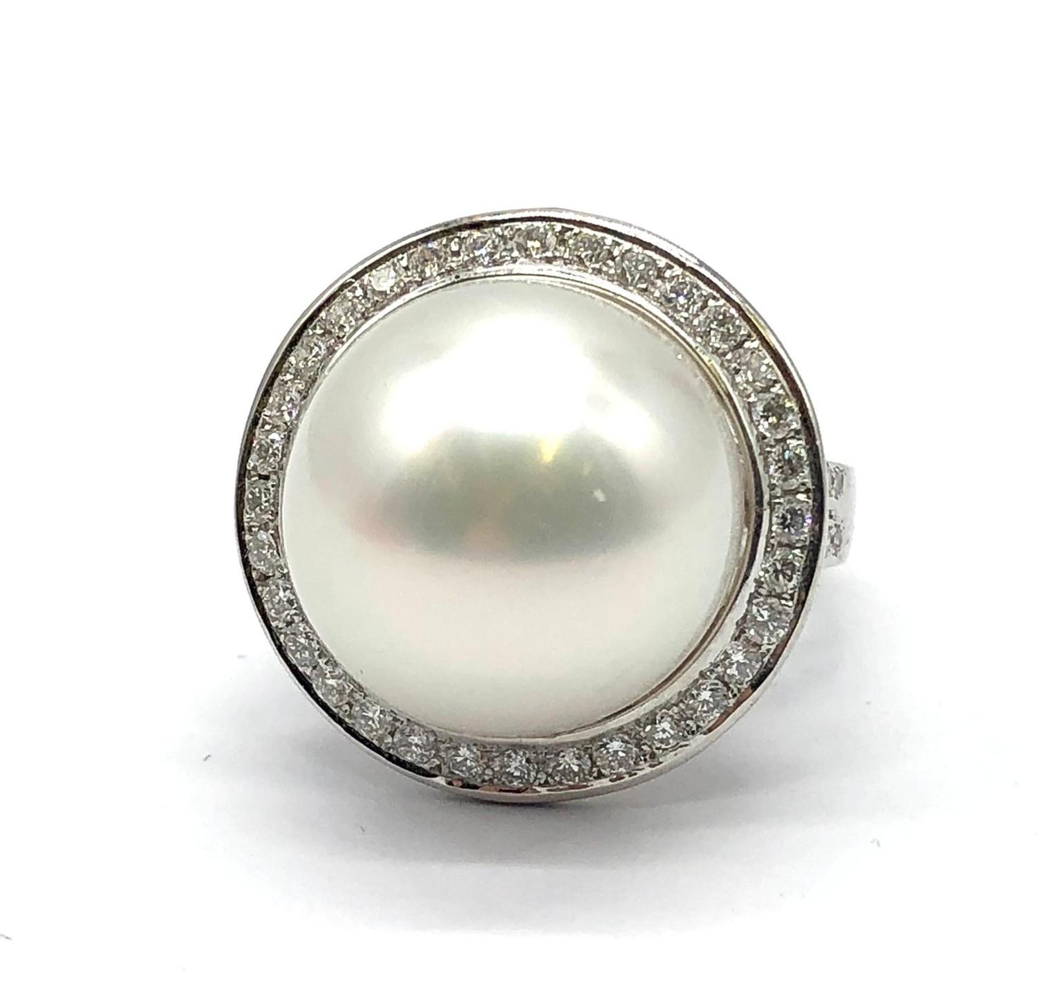 A large Kimoto pearl (17mm diameter) ring set in diamond and 18ct white gold ring, weight 14.43g and - Image 2 of 13