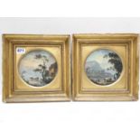 Pair of 25cm square oil on board paintings in fancy gilt frames.
