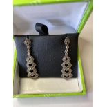 Silver pair of marcasite drop earrings, each having four pierced sections, 925 silver gift boxed