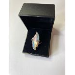 Silver ring in modernist shape having pastel cloisonné to top, boxed size L