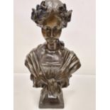 Bronze bust of a lady in contemplation. 49cm tall, weight 6.55kg.