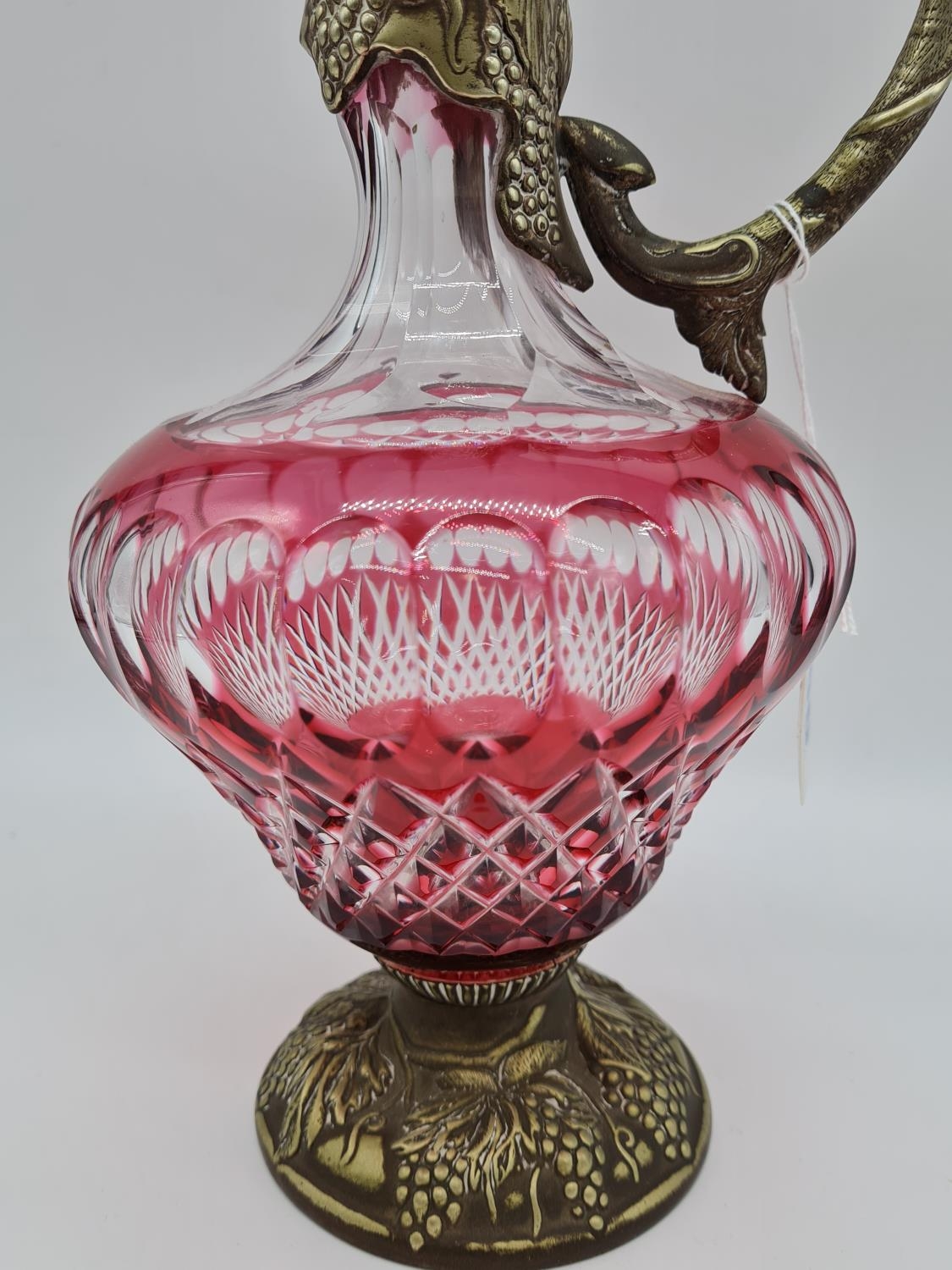 Mappin & Webb Cranberry glass wine jug with ornate fruit decoration, 1.3kg total weight and 32cm - Image 4 of 15