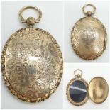 Yellow metal large ornate Victorian locket, weight 23.9g and 6cm long approx