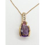9ct gold amethyst pendant on 45cm long 9ct chain, weight 2g approx, pendant 2cm drop long