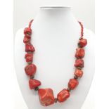 Large colour enhanced coral necklace (central piece 3x3.2cm size), 46cm long approx