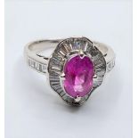 Pink sapphire and diamond ring set in platinum with diamond shoulders 6.6g, size M/N