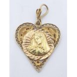18ct yellow gold vintage heart shaped Mary pendant with filigree edged work, weight 2.43g and 2.
