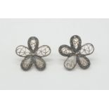 Pair of silver filigree and marcasite earrings in star and floral form, beautifully crafted, 25 x