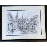 Charcoal drawing of a city scene by Kosice Lysyk, dated 2007. Size 54 x 43cm.
