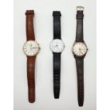 Three vintage Sekonda mechanical wind watches with a leather straps, as new, in full working order.