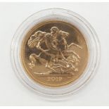 Gold sovereign 2019 uncirculated, weight 8g of 22ct gold