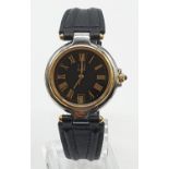 Ladies Dunhill Watch, with Black Face, Gold Dial, Black Leather Strap. 32mm