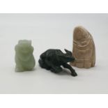 3x jade pieces one is a monkey, 1 water buffalo and ceremonial tooth, 208.8g weight