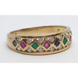 18ct Yellow gold diamond ruby, sapphire and emerald set fancy ring. Weight 4.3g, Size S.