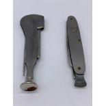 2 x Vintage stainless steel pipe smokers tools in pen knife form. One having the shape of a pipe,