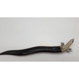 Curved black shell letter opener with metal lizard head, Slight damage to bottom tip