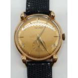 Vintage 9ct rose gold A.E.C. gents watch with leather strap, 34mm case.
