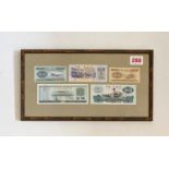 Selection of 1950's Chinese bank notes in Bamboo frame. 39 x 20cm.